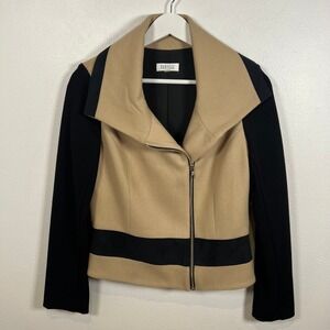 Barney's New York Cropped Jacket Size 4 Asymmetrical Black Camel Colorblock Coat